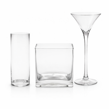 Glass cylinder, cube and lily vases for florists and weddings