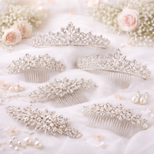 Bridal hair clips and tiaras used as elegant wedding hair accessories for brides and bridesmaids.
