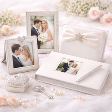 Wedding photo frames and albums used for displaying wedding photographs and preserving special memories.