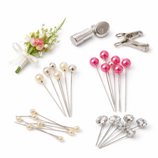 Buttonhole flowers, corsage clips, magnets and decorative pearl pins used by florists for wedding buttonholes and corsages.