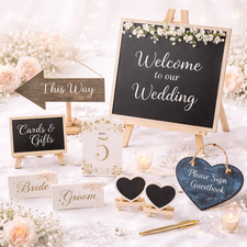 Wedding signs and place settings including chalkboard signs, decorative table signs and wedding display boards.
