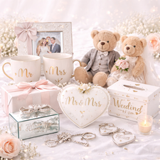 Wedding gifts including decorative keepsakes, bride and groom themed gifts and celebration accessories for weddings.