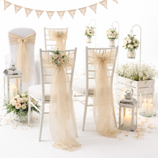 Wedding chair covers and chair sashes used for decorating ceremony and reception venues.