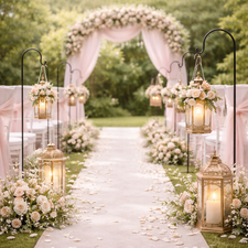 Wedding aisle decorations including shepherd hooks and lanterns used for decorating ceremony aisles.