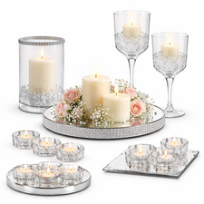 Glass candle holders and plates for wedding centrepieces and floral displays