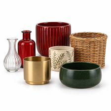 Christmas florist containers including pots, vases, wicker basket and florist bowl