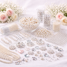 Decorative gems and pearls used for wedding crafts, table decorations and DIY wedding embellishments.
