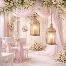 Hanging wedding decorations including lanterns and suspended venue décor used for styling wedding ceremonies and receptions.