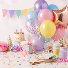 Party supplies and balloons with table decorations and celebration accessories