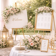Wedding signs and display stands used for decorating wedding venues including welcome signs and table number displays.