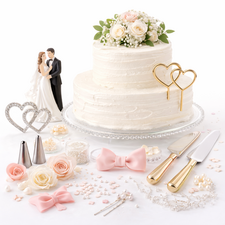 wedding cake decoration accessories including cake toppers decorative picks and wedding cake styling items