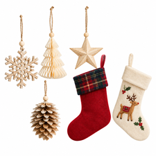 Natural hanging Christmas decorations with red tartan and cream stockings on a white background