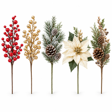Christmas berry, pinecone, foliage and flower picks on a white background