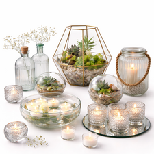 Decorative glassware including terrariums, glass bowls and tealight holders for florists and wedding styling