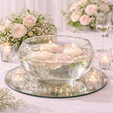 Glass bowl centrepiece with floating candles and flowers on a wedding table