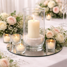 Glass hurricane vases with candles used for wedding table centrepieces