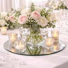Round mirror plates for wedding table centrepieces and candle displays