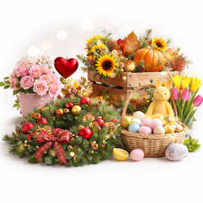 Seasonal floristry decorations including Christmas wreath, Easter basket, Valentine roses and autumn floral display