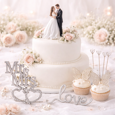 wedding cake decoration accessories including cake toppers decorative picks and wedding cake styling items