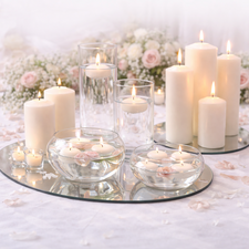 Wedding candles for centrepieces including floating candles, pillar candles and church candles displayed with glass vases and mirror plates.
