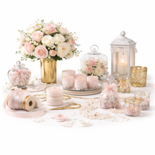 Wedding venue styling with centrepiece, candles and decorative accessories