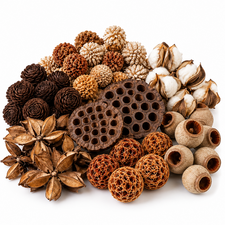 Dried lotus heads and natural seed pods for floristry and wreath making