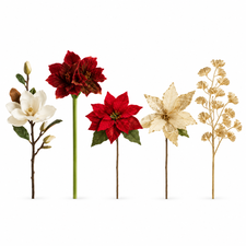White, red and champagne artificial Christmas flowers with gold foliage on a white background