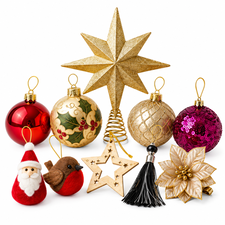 Christmas baubles, stars and tree ornaments on a white background