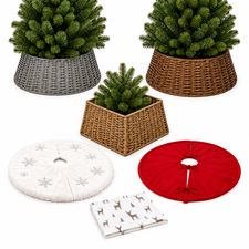 Wicker Christmas tree collars and fabric tree skirts on a white background
