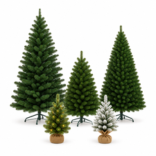 Artificial Christmas trees and small potted table trees on a white background