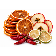 Dried orange, apple and lime slices with red chillies for floristry and crafts