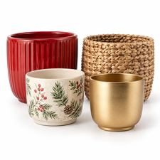 Festive ceramic pots and woven planter for Christmas flowers