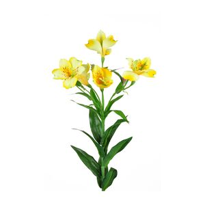 An artificial alstroemeria spray with 4 yellow flowers, 4 buds per stem on a white background.