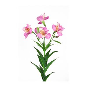 An artificial alstroemeria 4 flowers of Fuchsia colour and 4 buds to each stem with a white background.