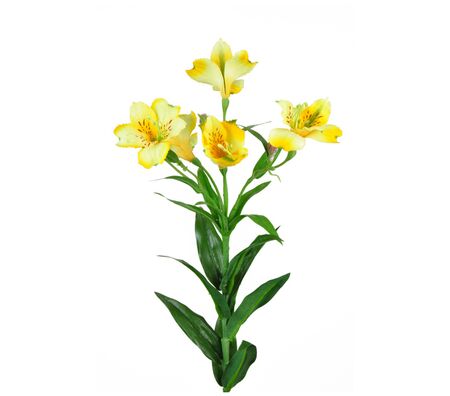 An artificial alstroemeria spray with 4 yellow flowers, 4 buds per stem on a white background.