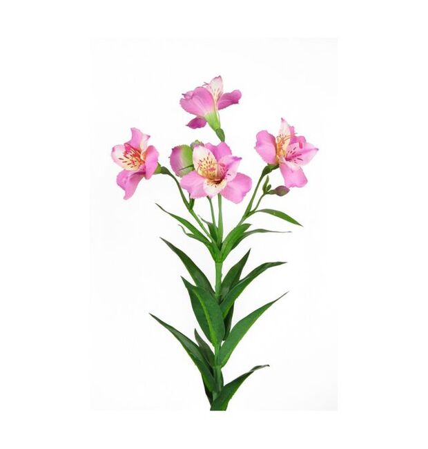 Artificial fuchsia alstroemeria spray with white background, 4 flowers and buds per stem.