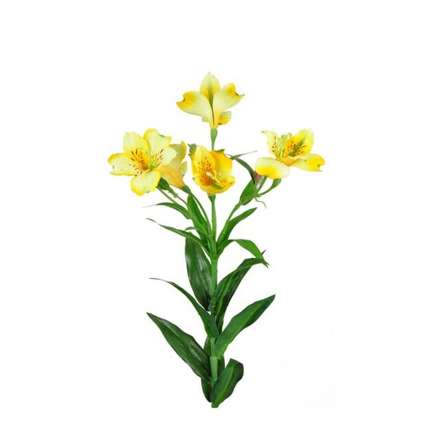 An artificial alstroemeria spray with 4 yellow flowers, 4 buds per stem on a white background.